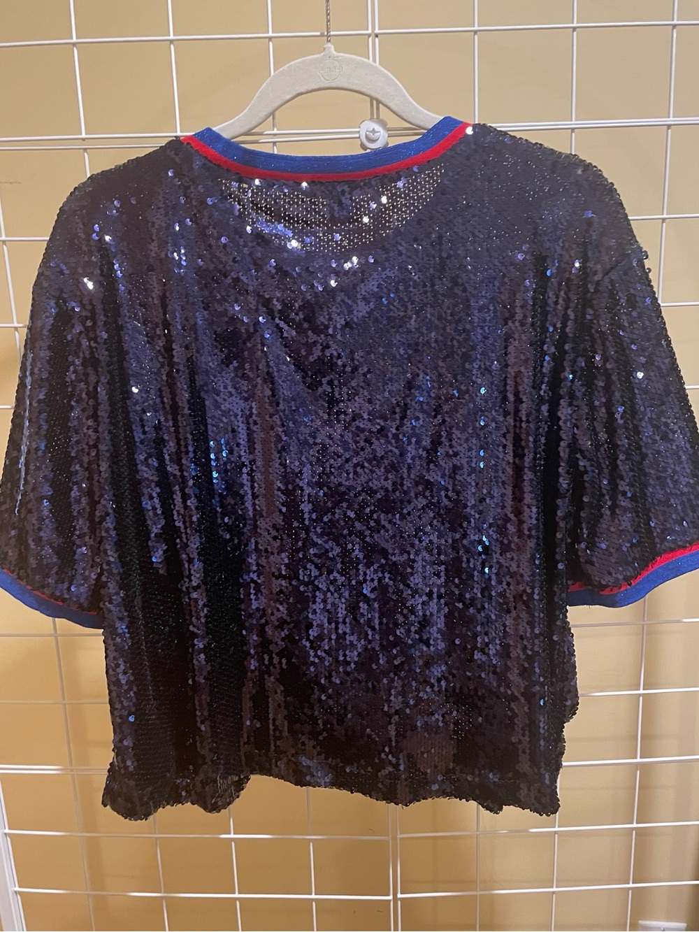 New Look Navy Blue Sequined Top, Size L, boxy, roomy silhouette, dressy, stretch - Picture 3 of 12